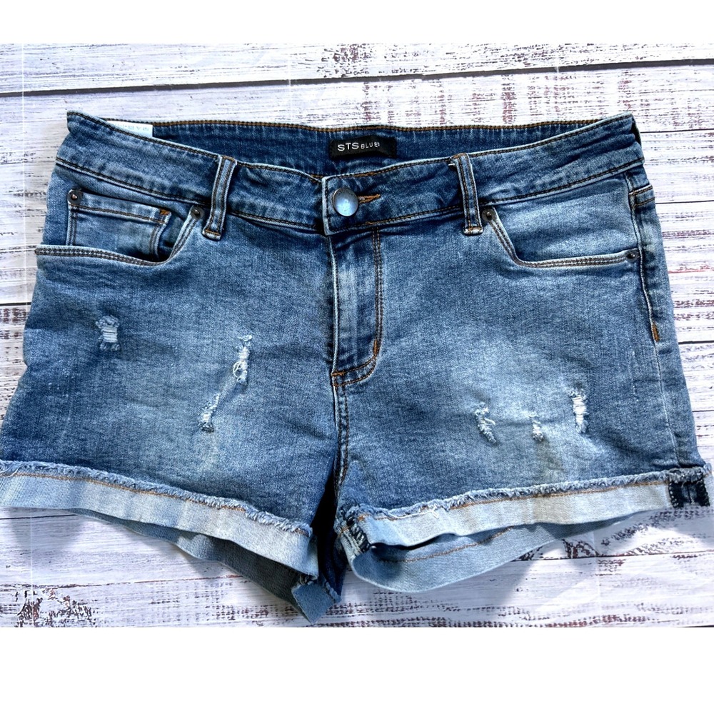 STS Blue Denim Shorts Women Blue Distressed Cuffed Hem Size 30